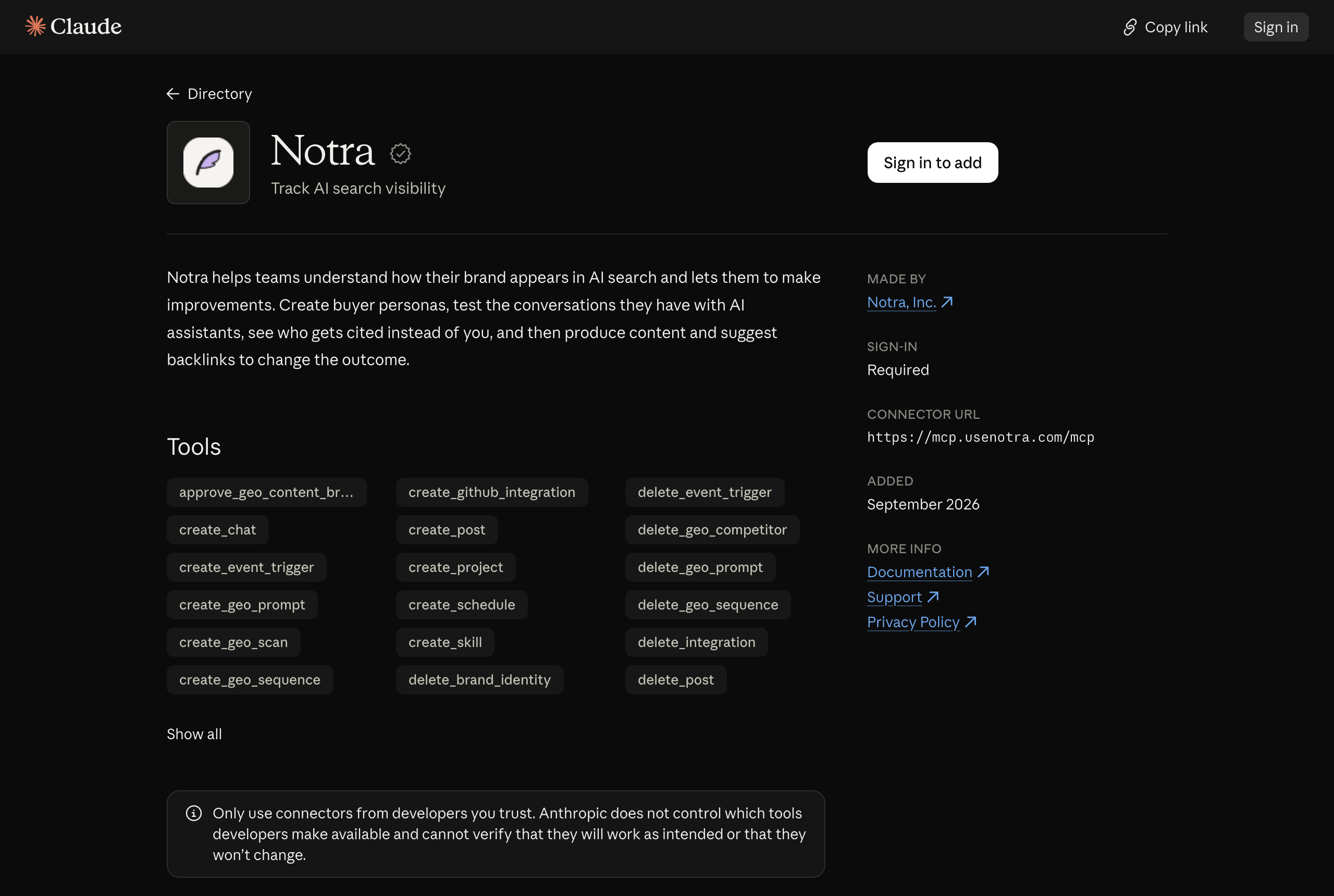 Notra's listing in the Claude connector directory with the verified badge, its description, tools and connector URL.
