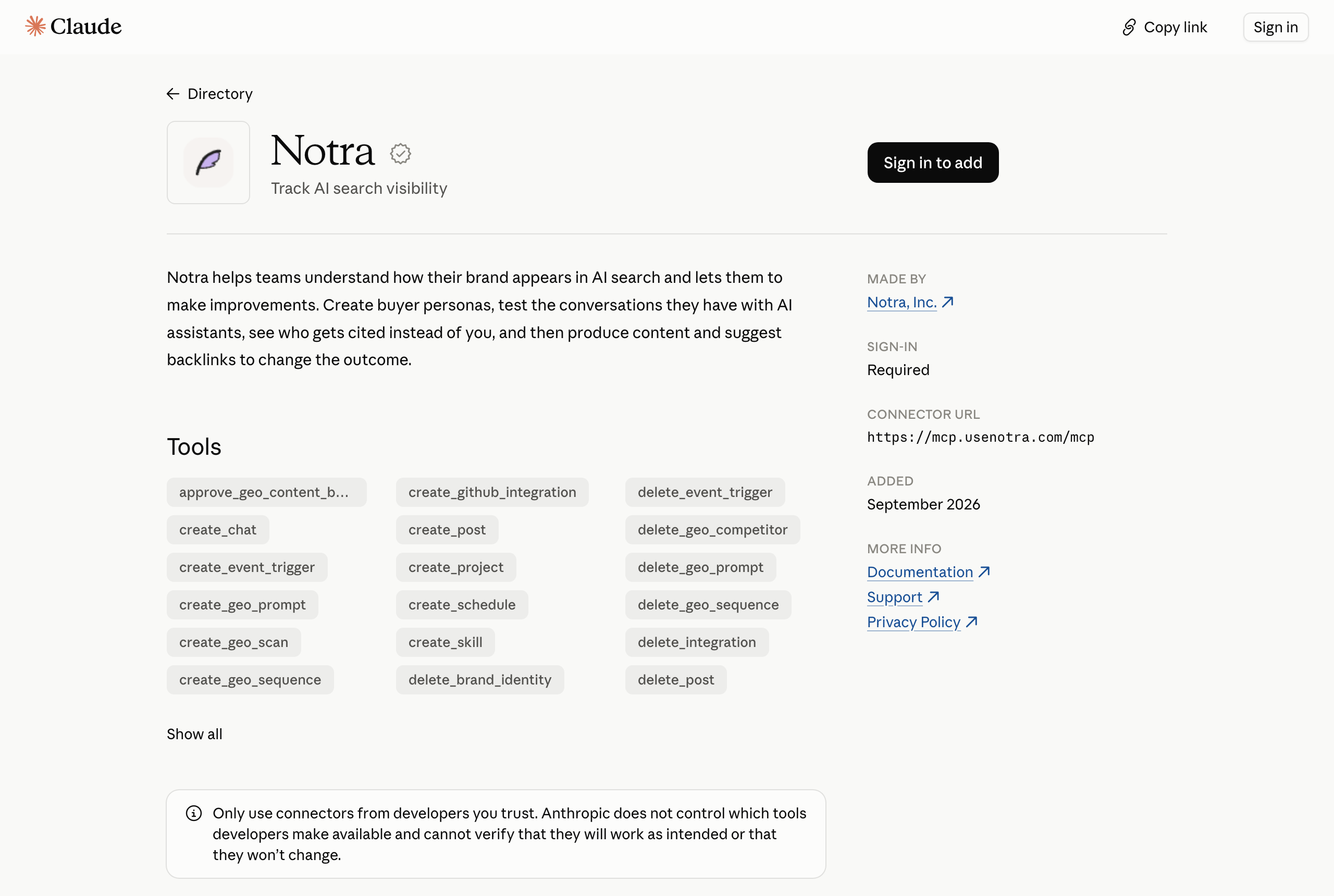 Notra's listing in the Claude connector directory with the verified badge, its description, tools and connector URL.