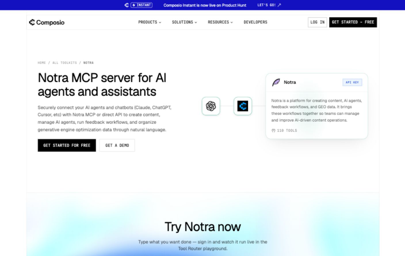 Notra's toolkit page on Composio with its description, tools and setup options.