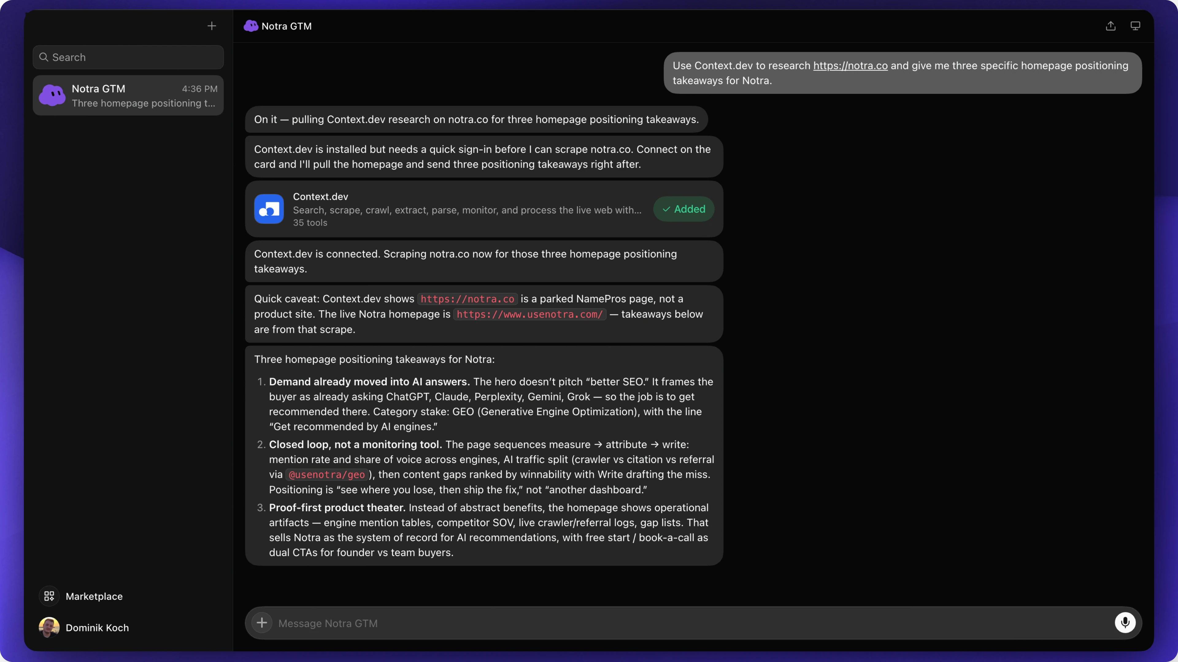 The Notra GTM Bot using Context.dev to research Notra's homepage and return positioning takeaways.