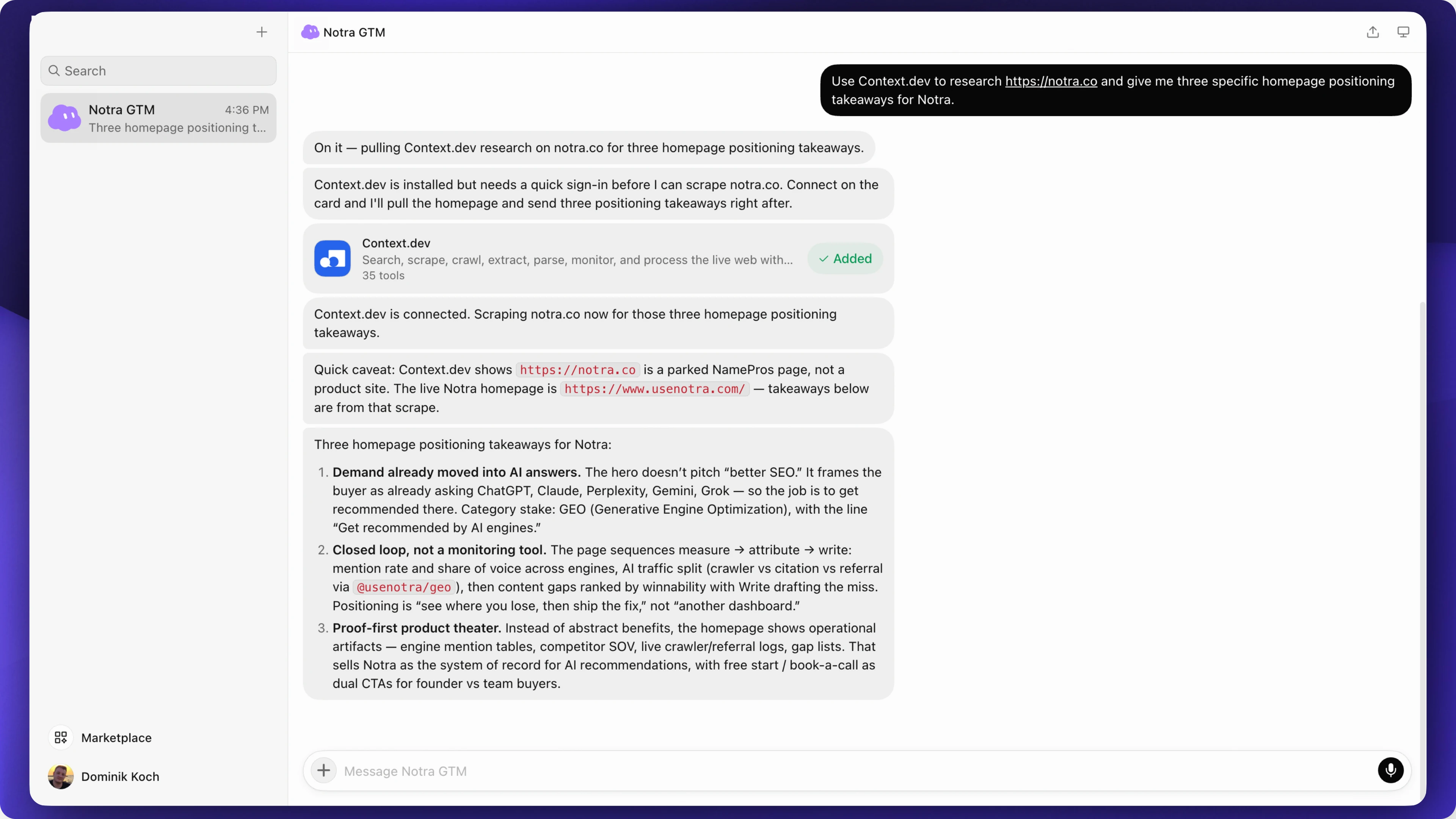 The Notra GTM Bot using Context.dev to research Notra's homepage and return positioning takeaways.