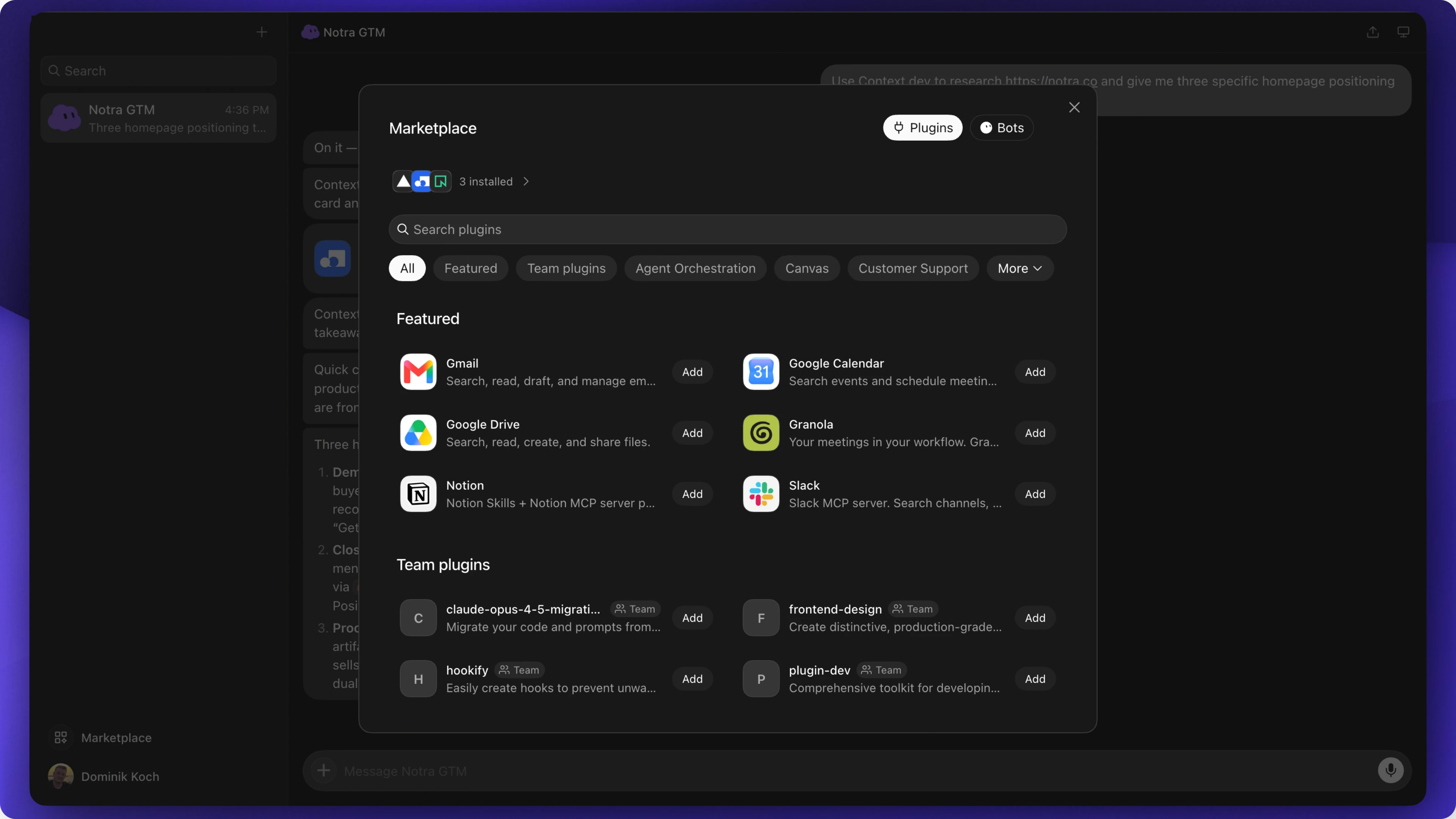 Grok Bot's plugin marketplace showing featured plugins, team plugins and add buttons.