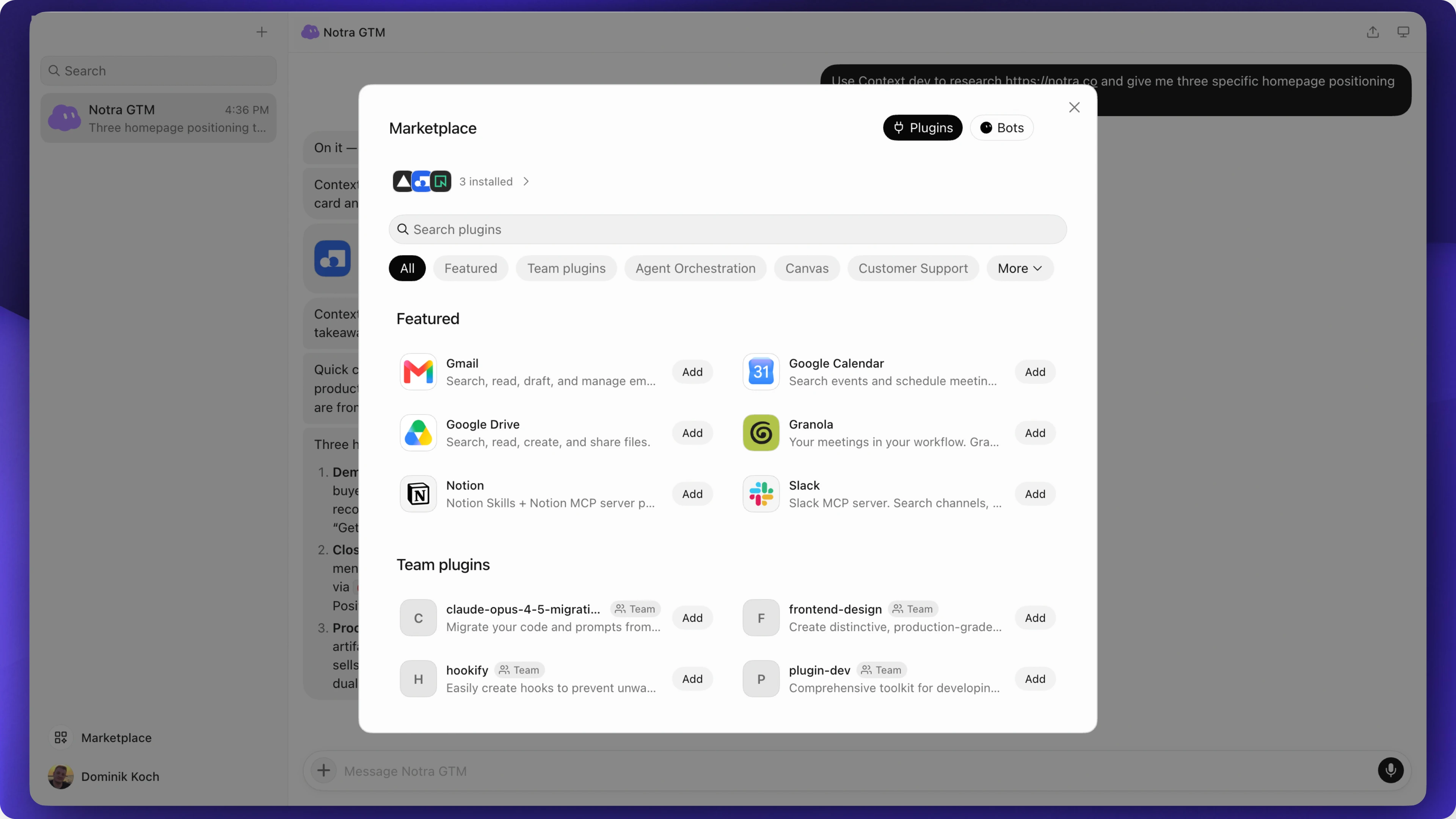 Grok Bot's plugin marketplace showing featured plugins, team plugins and add buttons.