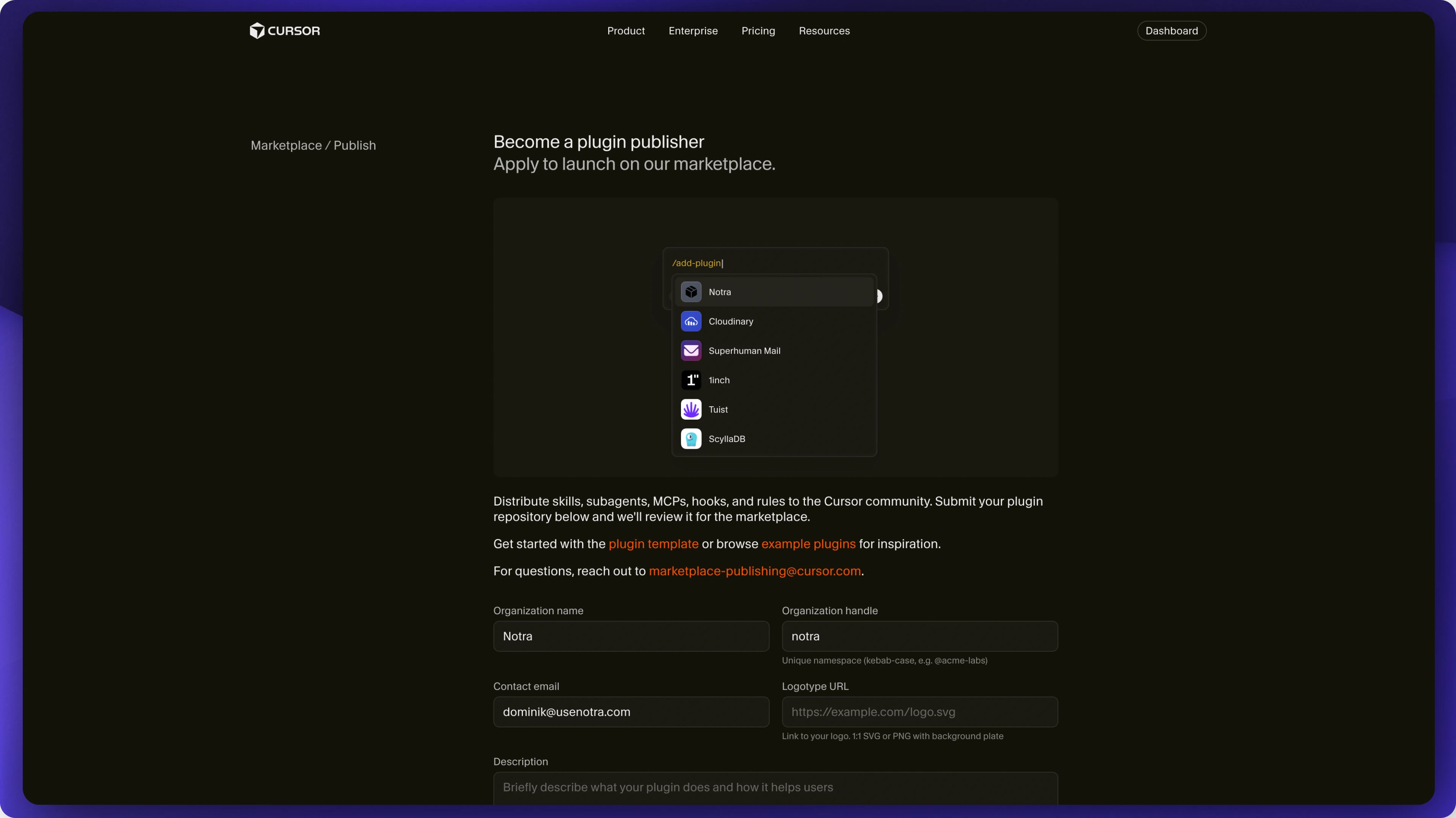 Cursor Marketplace publisher application with organization details and plugin submission instructions.