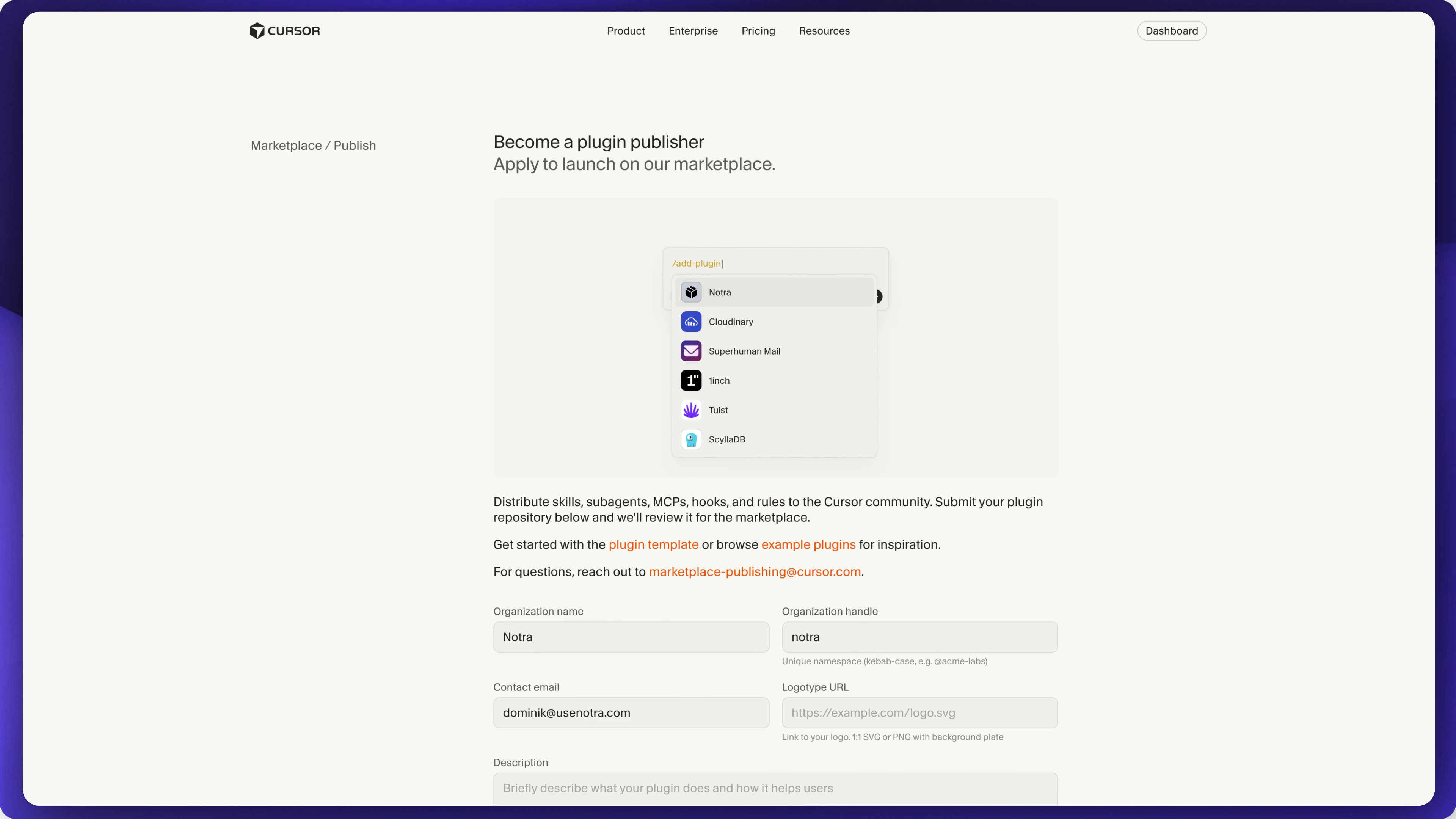 Cursor Marketplace publisher application with organization details and plugin submission instructions.